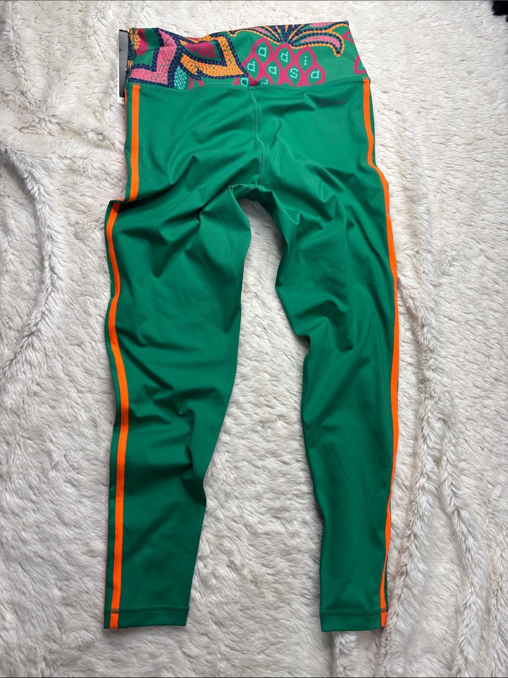 adidas Green Leggings with Orange Stripes and Patterned Waistband - Picture 4 of 4